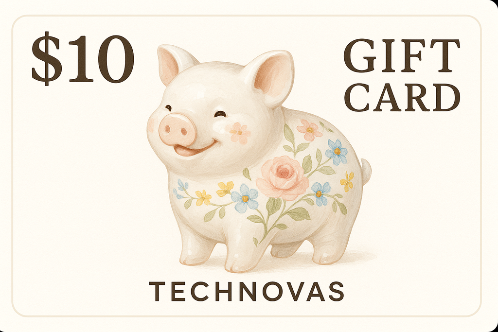 carte cadeau de 10$ avec le cochon fleuri en porcelaine souriant